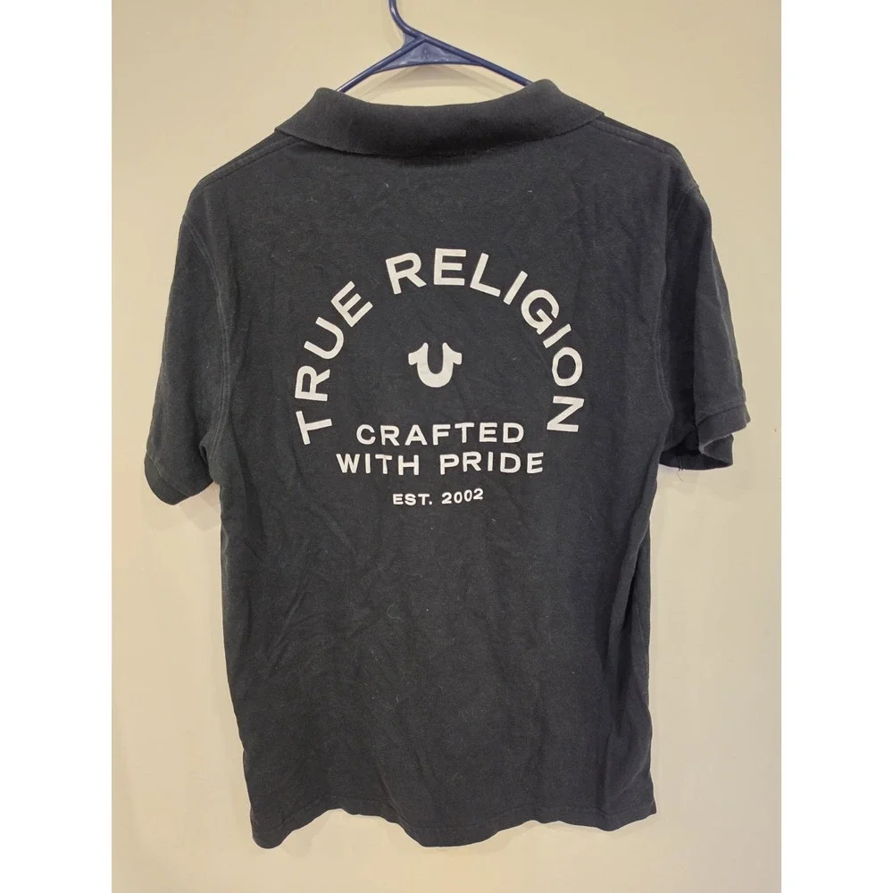 True Religion Black Polo Shirt Large Logo Graphic Short Sleeve Cotton Men's L